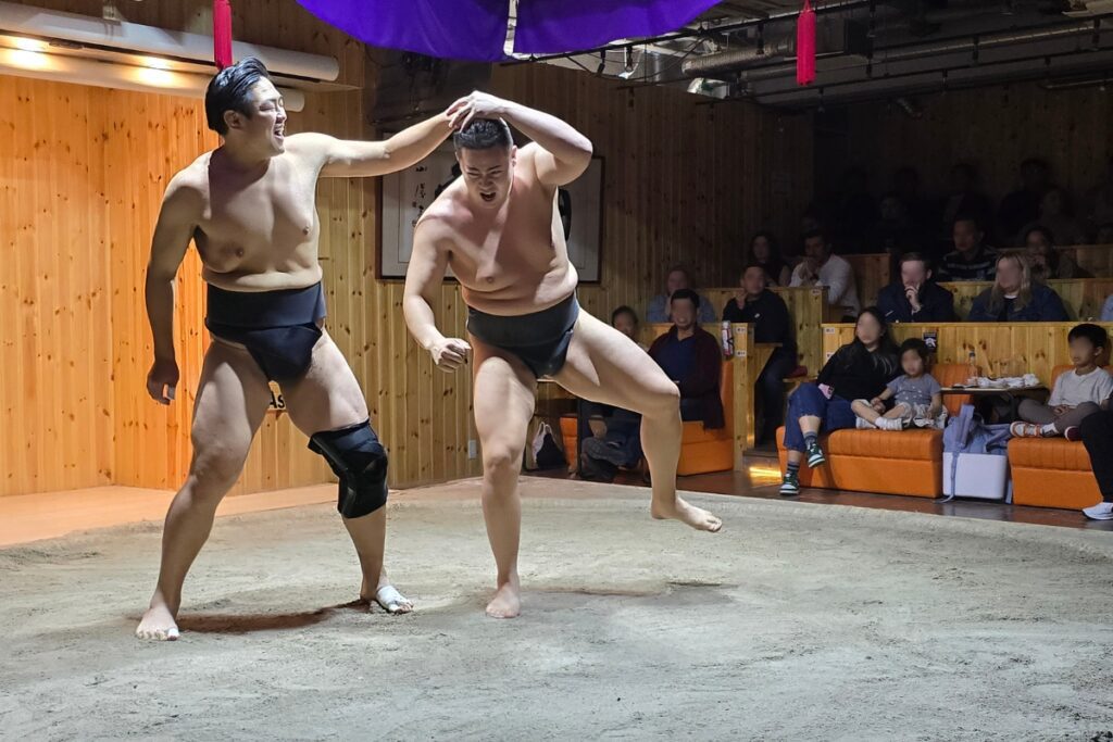 Sumo wrestler demonstrating the forbidden hair-pulling technique on the ring at Asakusa Sumo Club, Tokyo.