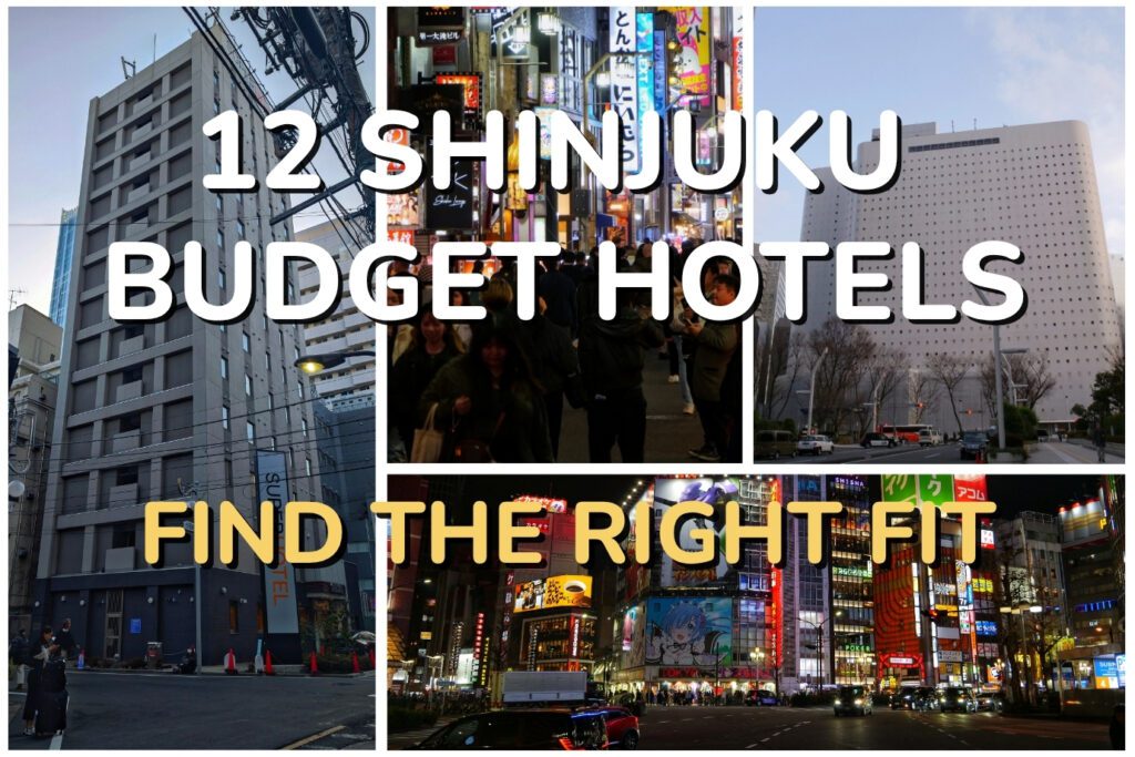 Super Hotel exterior and Shinjuku neon streets at night with text: 12 Shinjuku Budget Hotels: Find the Right Fit.