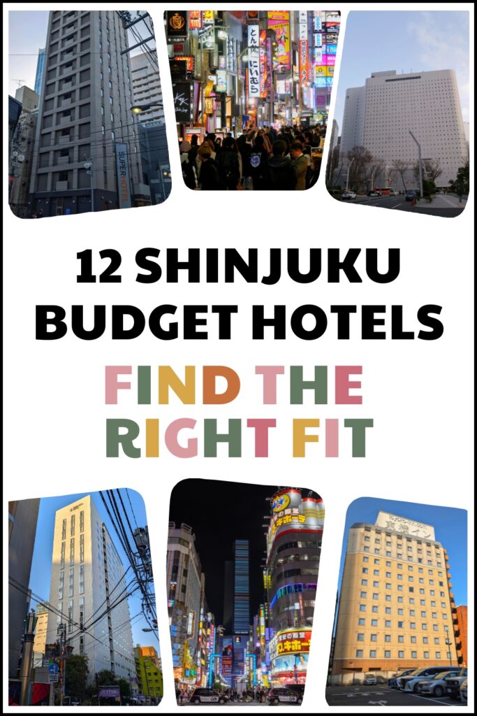 Collage of Shinjuku budget hotels including Super Hotel and Toyoko Inn with text: 12 Shinjuku Budget Hotels: Find the Right Fit.