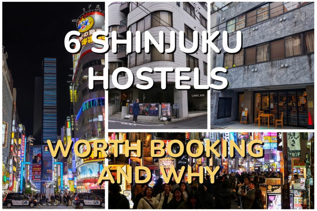 Kabukicho at night and Shinjuku hostel exteriors including Unplan with text: 6 Shinjuku Hostels Worth Booking and Why.