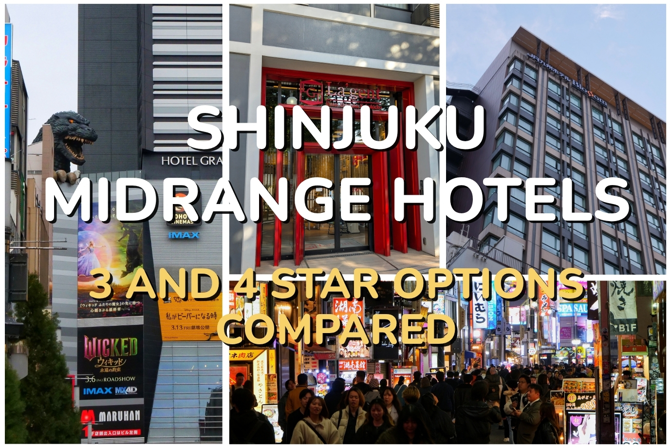 Shinjuku midrange hotels collage showing Hotel Gracery, La'gent Hotel, JR Kyushu Hotel Blossom, and Kabukicho at night with text overlay.
