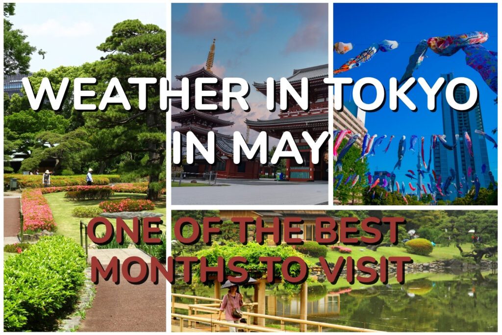 Tokyo in May collage featuring a formal garden, Senso-ji Temple, koinobori streamers, and a traditional Japanese garden pond.